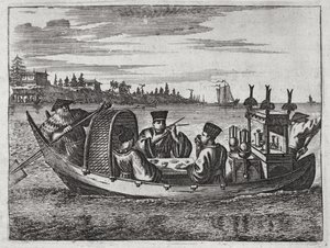 Ein wohlhabender Mandarin speist in einem Boot, Illustration aus einer Beschreibung der Gesandtschaften nach China, 1690 von English School